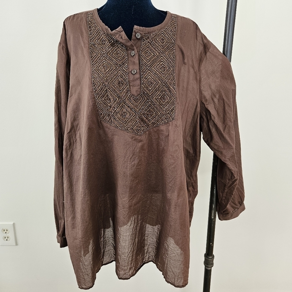 Michael Michael Kors 2X Tunic Beaded Brown Lightweight Cotton Long Sleeve Boho